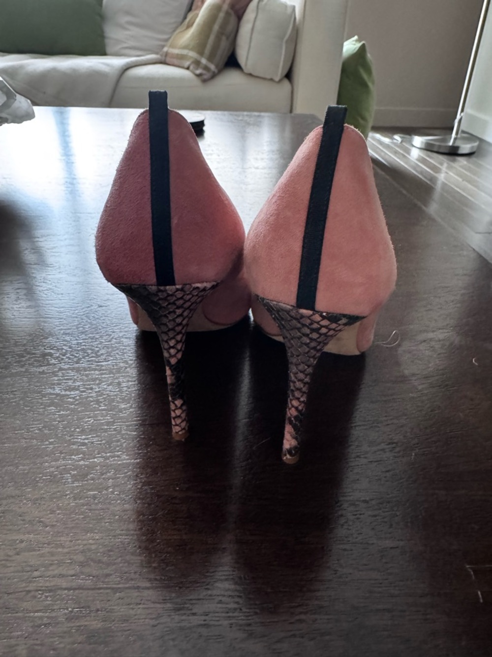 Pink Sarah Jessica Parker Suede High Heel Pumps with Snake-Print Heel
